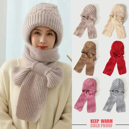 Womens Winter Knitted Hat, Scarf One Piece, Double Warm Padded Beanie, Thickened Wind Proof Snow Hat