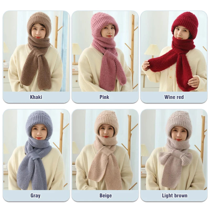 Womens Winter Knitted Hat, Scarf One Piece, Double Warm Padded Beanie, Thickened Wind Proof Snow Hat