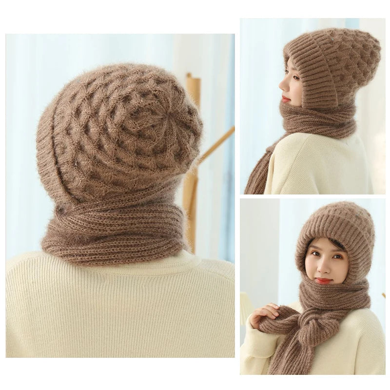 Womens Winter Knitted Hat, Scarf One Piece, Double Warm Padded Beanie, Thickened Wind Proof Snow Hat