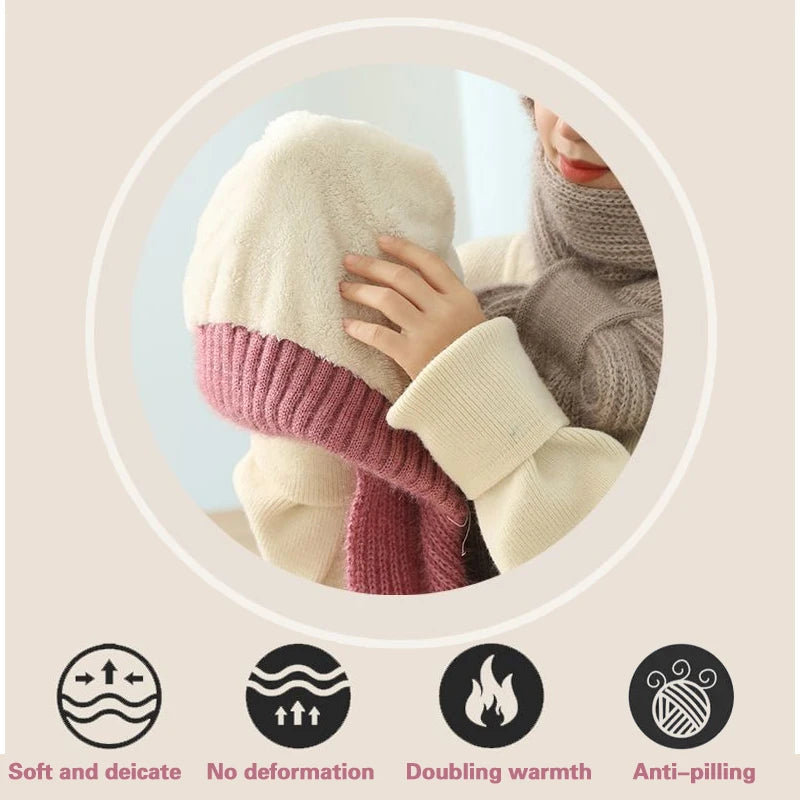 Womens Winter Knitted Hat, Scarf One Piece, Double Warm Padded Beanie, Thickened Wind Proof Snow Hat