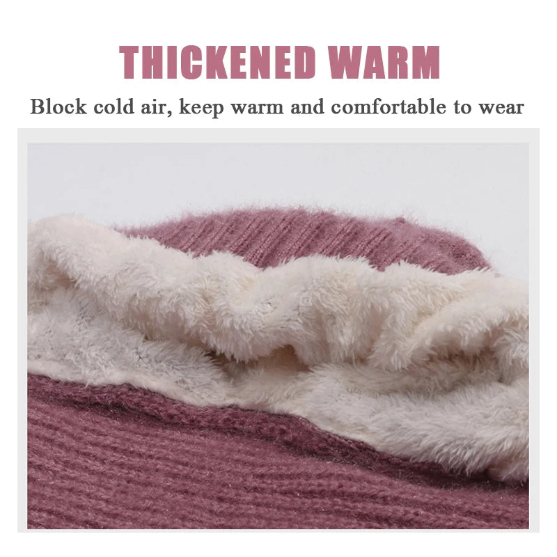 Womens Winter Knitted Hat, Scarf One Piece, Double Warm Padded Beanie, Thickened Wind Proof Snow Hat