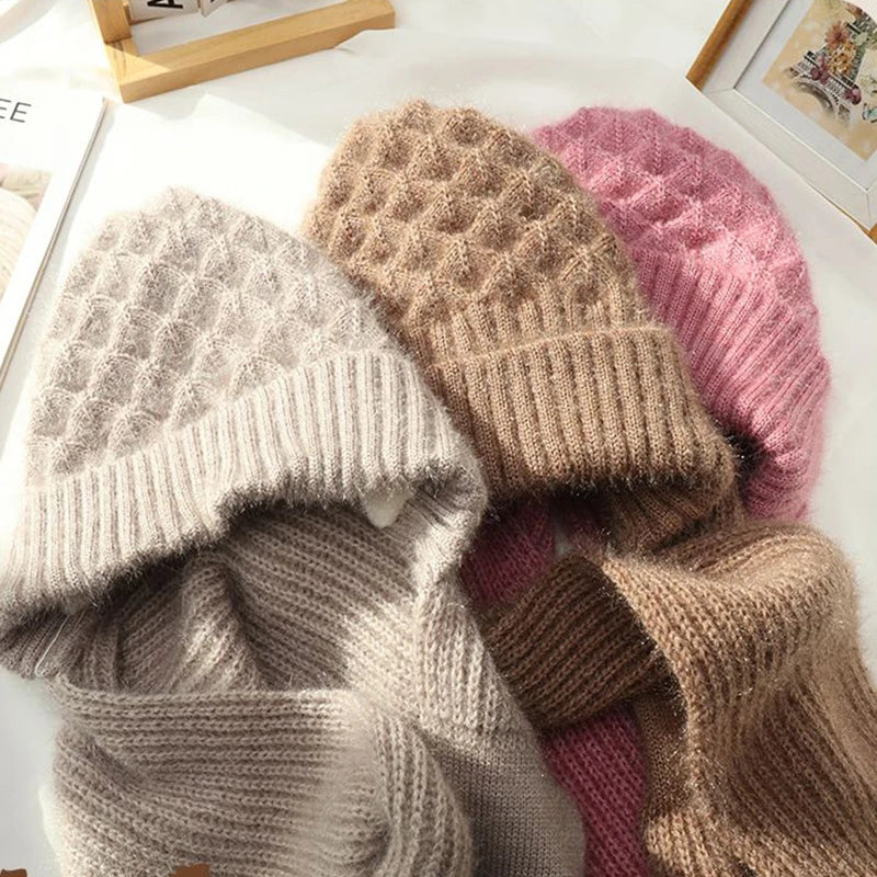 Womens Winter Knitted Hat, Scarf One Piece, Double Warm Padded Beanie, Thickened Wind Proof Snow Hat