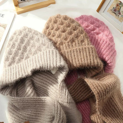 Womens Winter Knitted Hat, Scarf One Piece, Double Warm Padded Beanie, Thickened Wind Proof Snow Hat