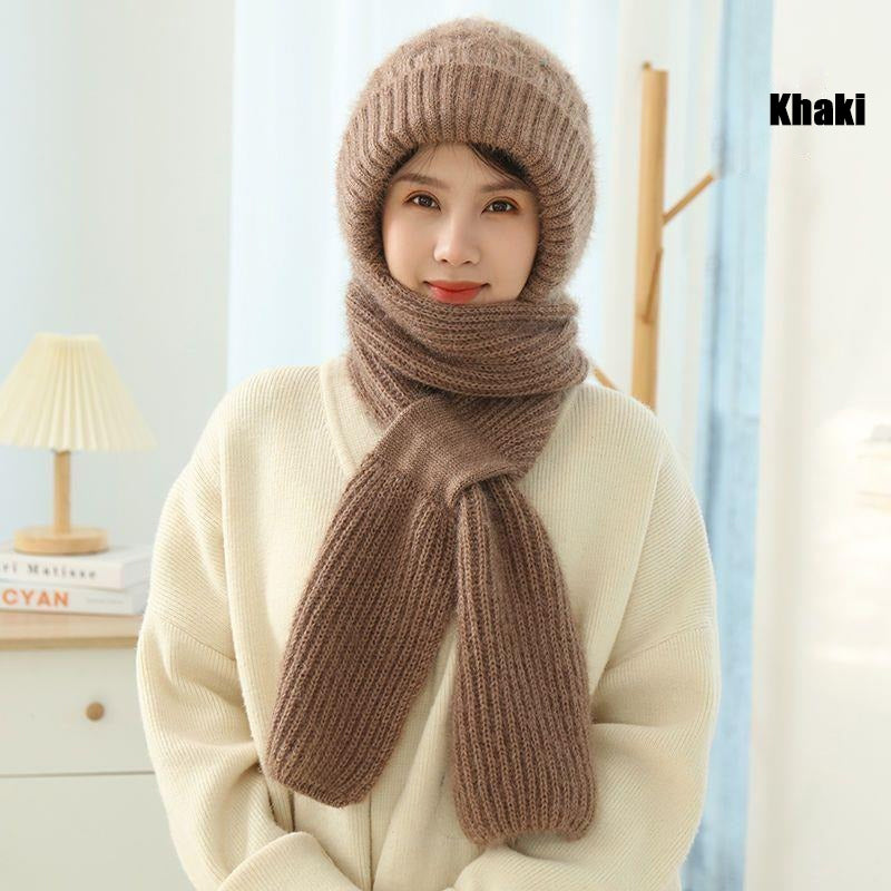 Womens Winter Knitted Hat, Scarf One Piece, Double Warm Padded Beanie, Thickened Wind Proof Snow Hat