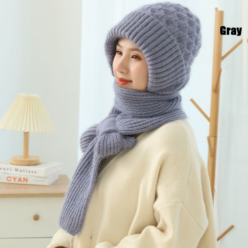 Womens Winter Knitted Hat, Scarf One Piece, Double Warm Padded Beanie, Thickened Wind Proof Snow Hat