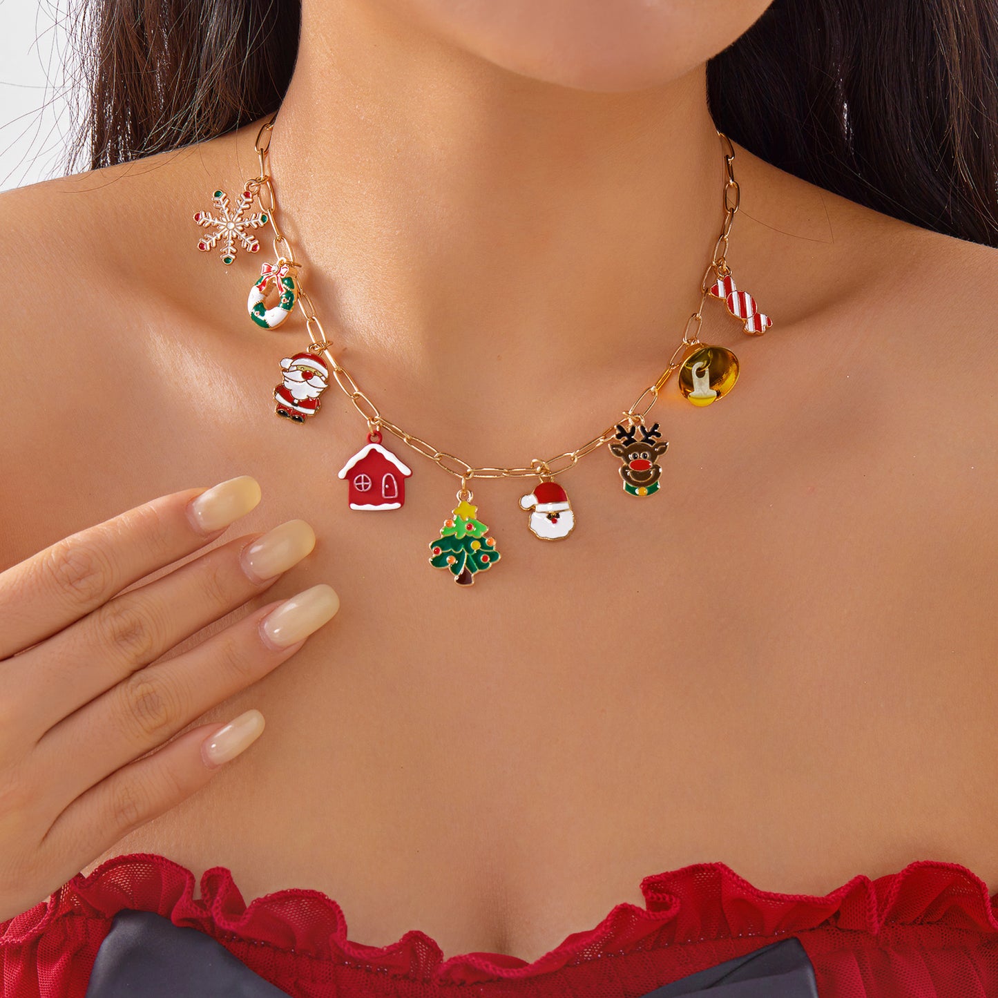 Pendant Necklace For Women New Year Christmas Tree Rhinestone Snowflake Santa Claus Bell Clavicle C 8