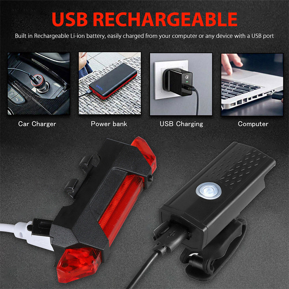 LED Rechargeable Bicycle Headlight Front Rear Bike Light Set Red Warning Tail Light For MTB And Nig 2