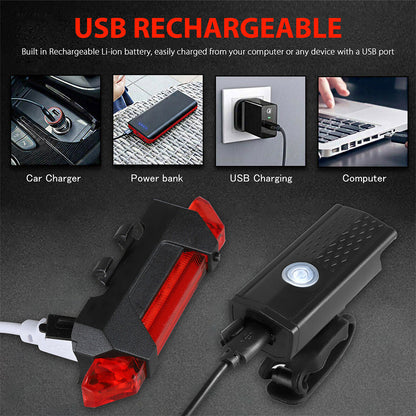 LED Rechargeable Bicycle Headlight Front Rear Bike Light Set Red Warning Tail Light For MTB And Nig 2
