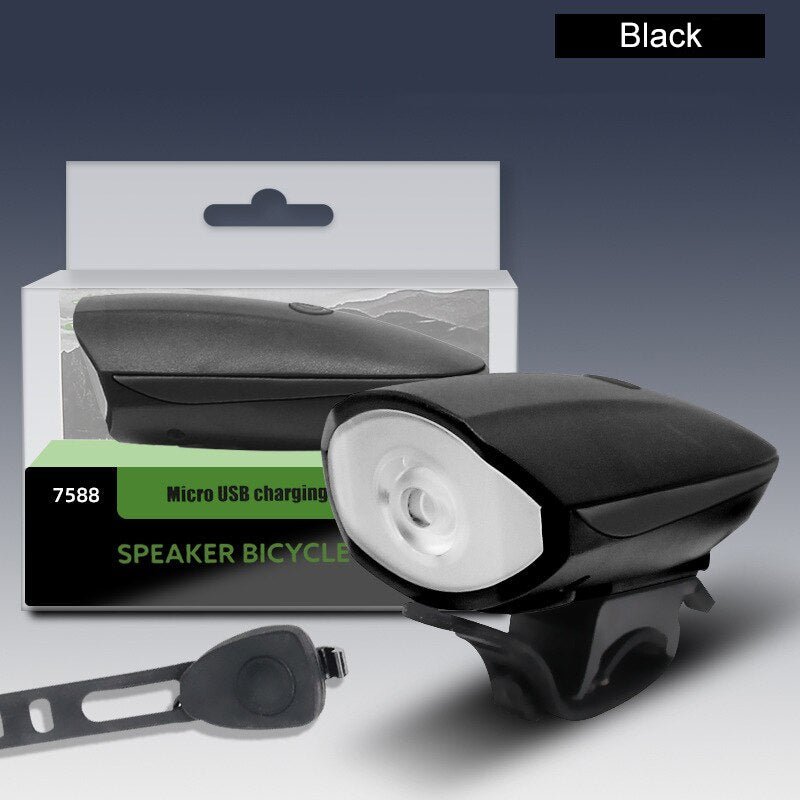 USB LED Waterproof Bicycle Light, Black Bike Horn Headlight for Outdoor and Mountain Rides