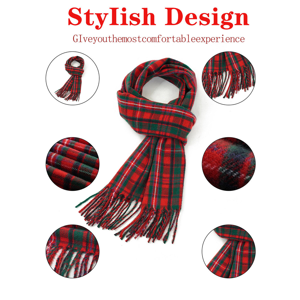 Classic Green and Red Plaid Scarf, Soft Cashmere Texture, Winter Shawl for Christmas and New Year