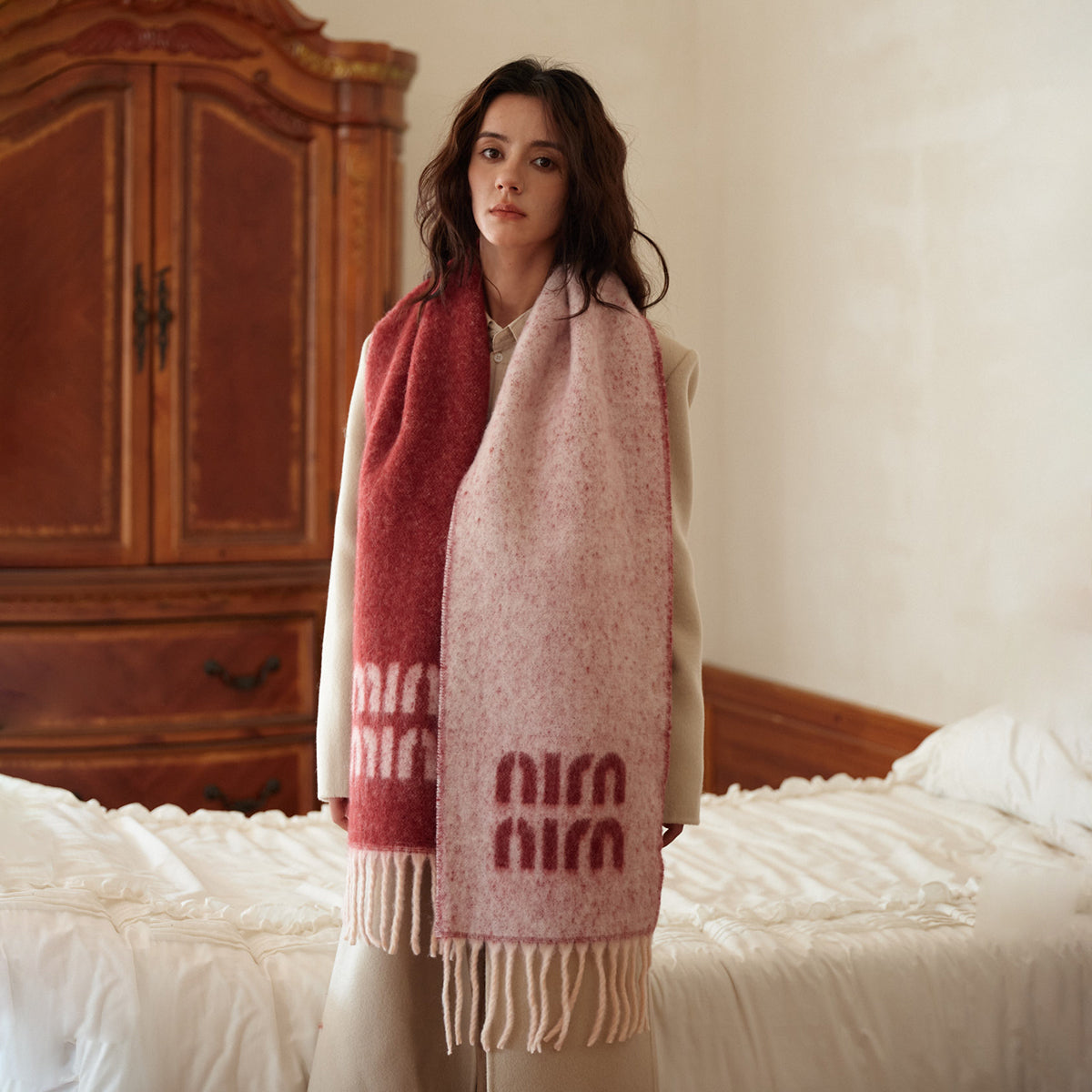 Thick Jacquard Knitted Shawl, Wool Blend Scarf, Letter Pattern, Winter Autumn Fashion Accessory
