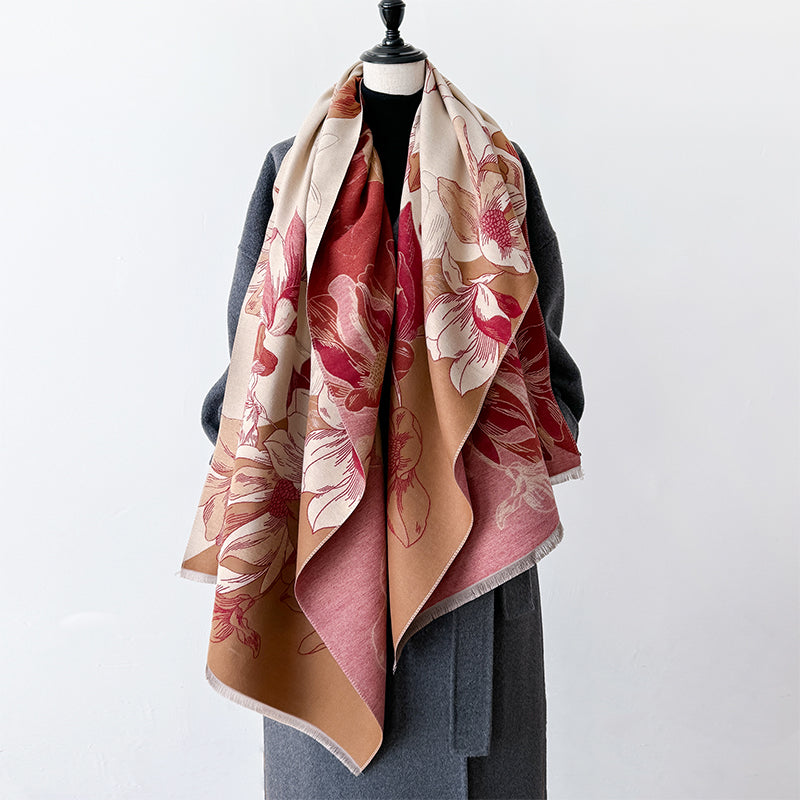 New Luxury Brand Cashmere Scarf, Elegant Lotus Design, Thick Warm Winter Shawl, Soft Pashmina Wraps