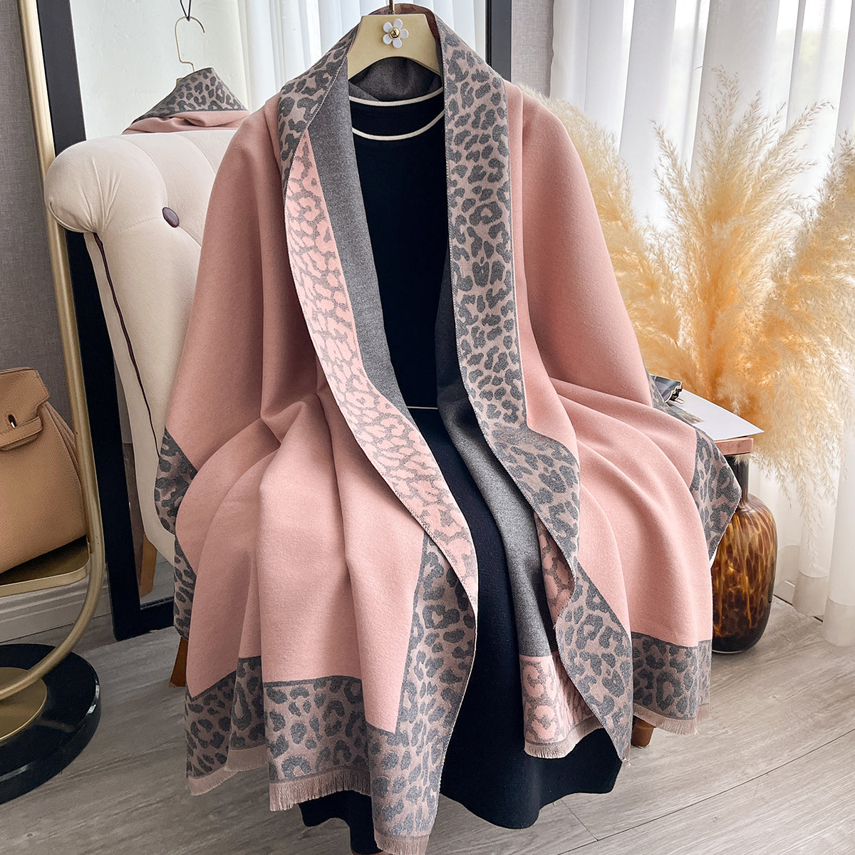 Luxury Winter Scarf for Women, Plaid Leopard Print, Cashmere Feel Pashmina Shawl, Warm Blanket Wrap