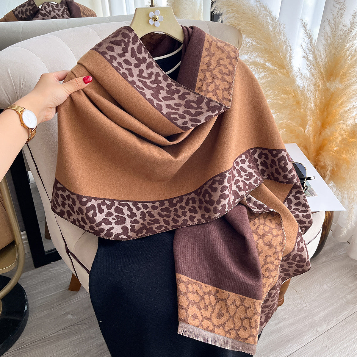 Luxury Winter Scarf For Women Plaid Leopard Print Cashmere Feel Pashmina Shawl Warm Blanket Wrap 5