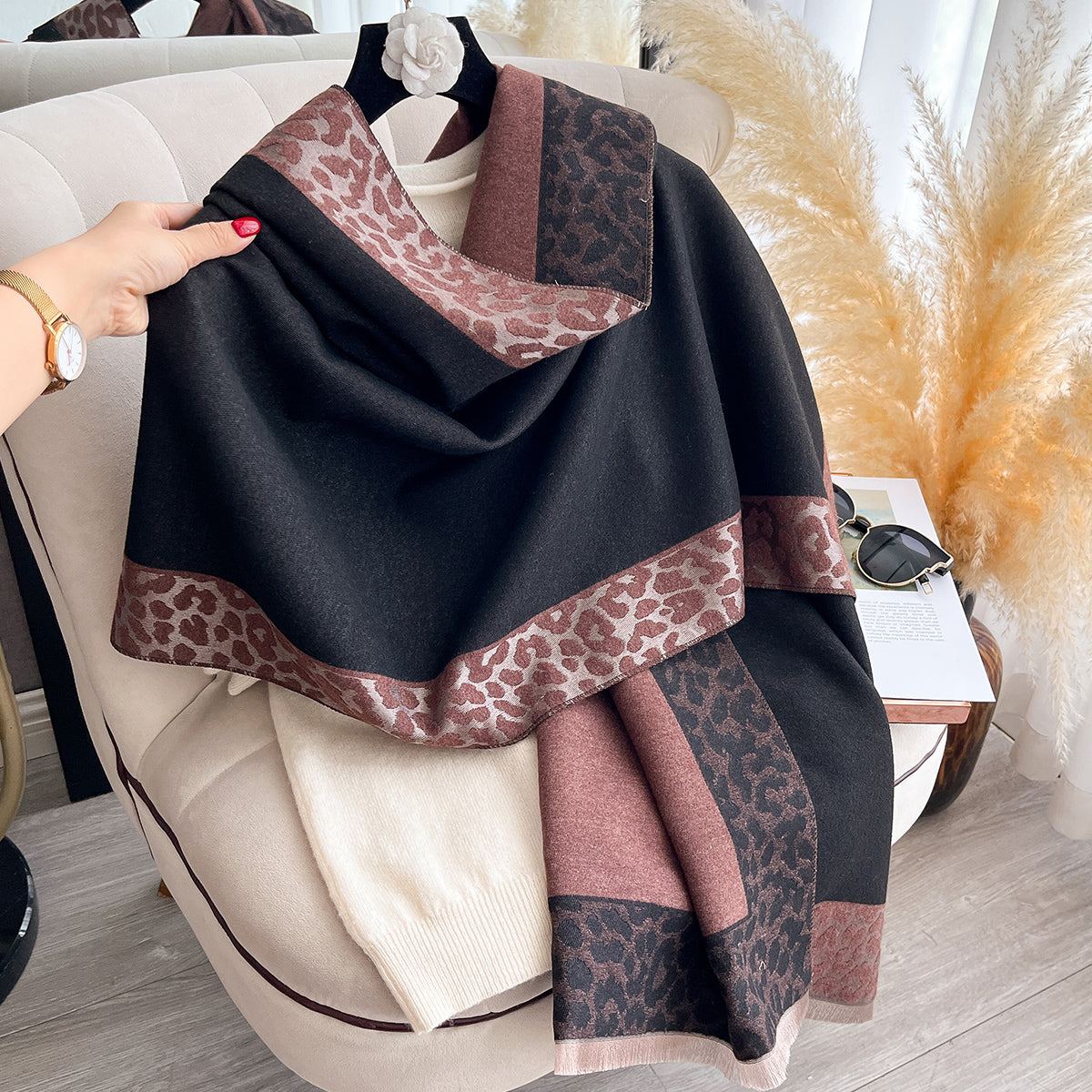 Luxury Winter Scarf For Women Plaid Leopard Print Cashmere Feel Pashmina Shawl Warm Blanket Wrap 10