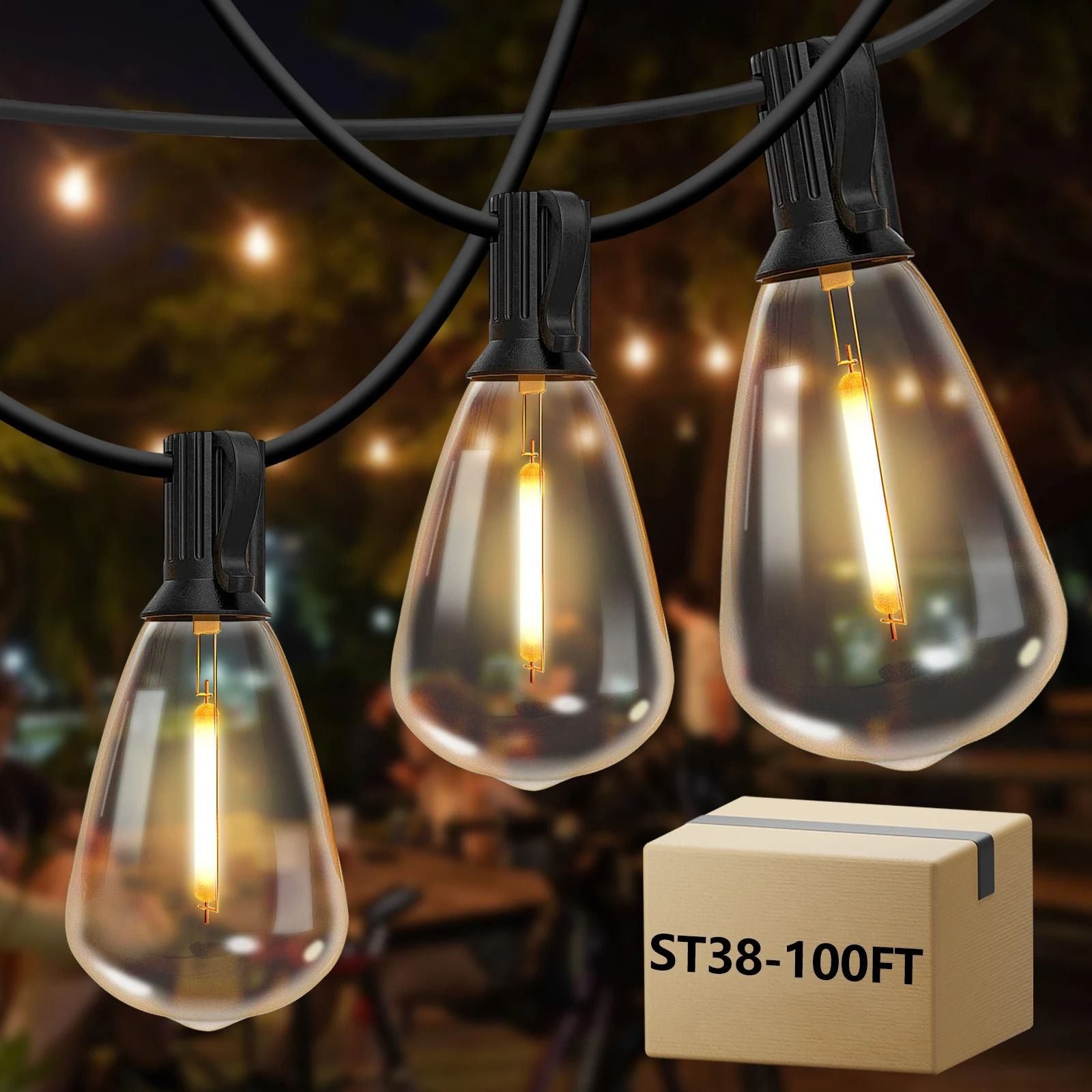 100ft Outdoor String Lights ST38 Globe LED Patio Lights with 24 Edison Vintage Bulbs