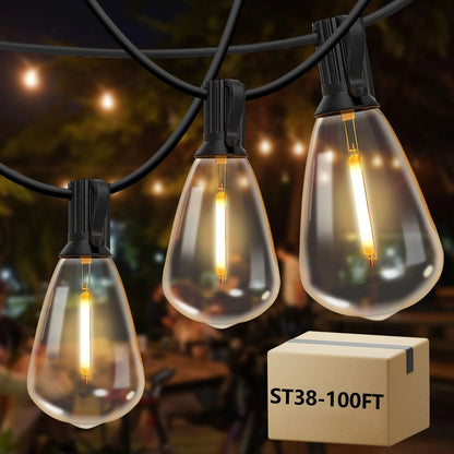 100ft Outdoor String Lights ST38 Globe LED Patio Lights with 24 Edison Vintage Bulbs