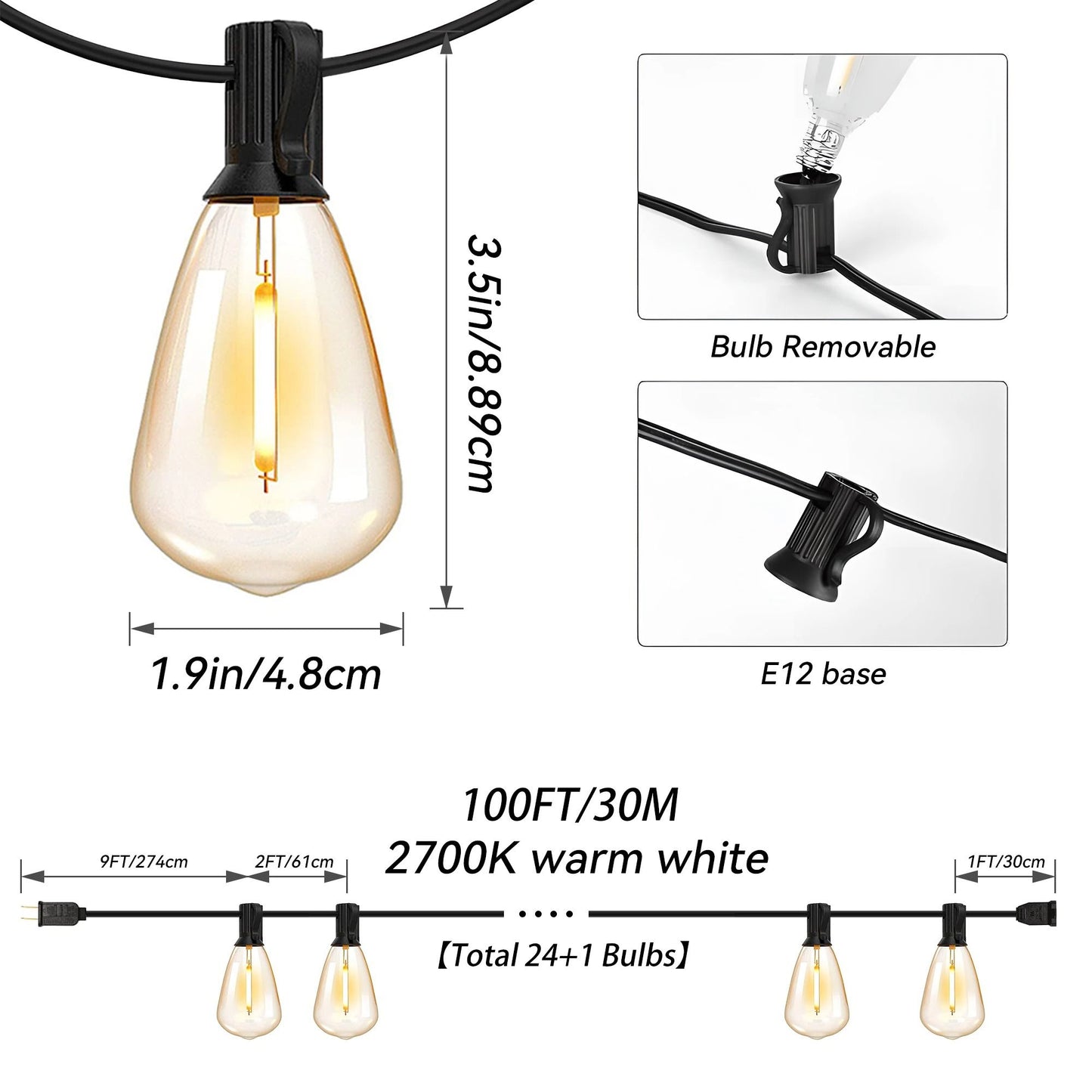 100ft Outdoor String Lights ST38 Globe LED Patio Lights With 24 Edison Vintage Bulbs 1