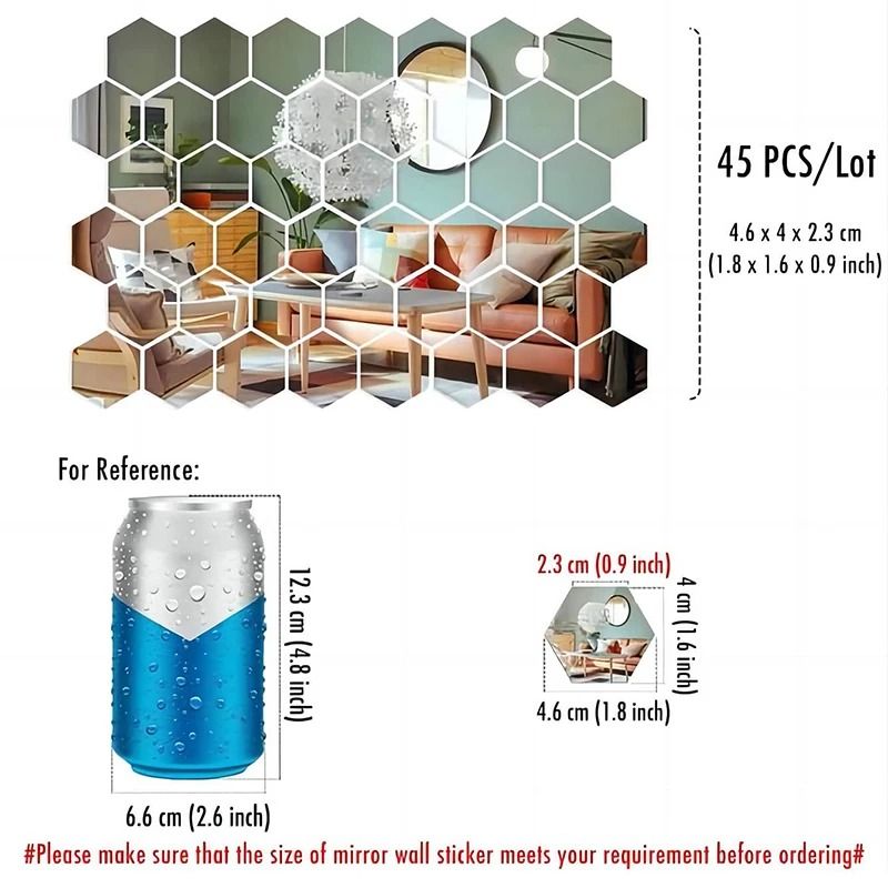 45pcs Mirror Wall Sticker Hexagon Wall Art Sticker DIY Decorative Tiles 6