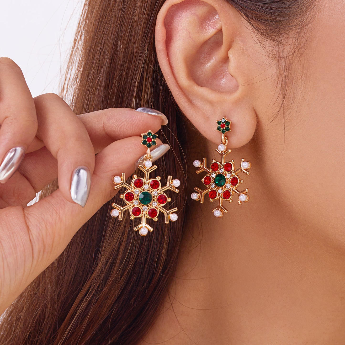 Crystal Zircon Pearl Earrings, Christmas Snowflake Stud, Dangle Piercing Jewelry for Women, Holiday Party Gifts for Girl