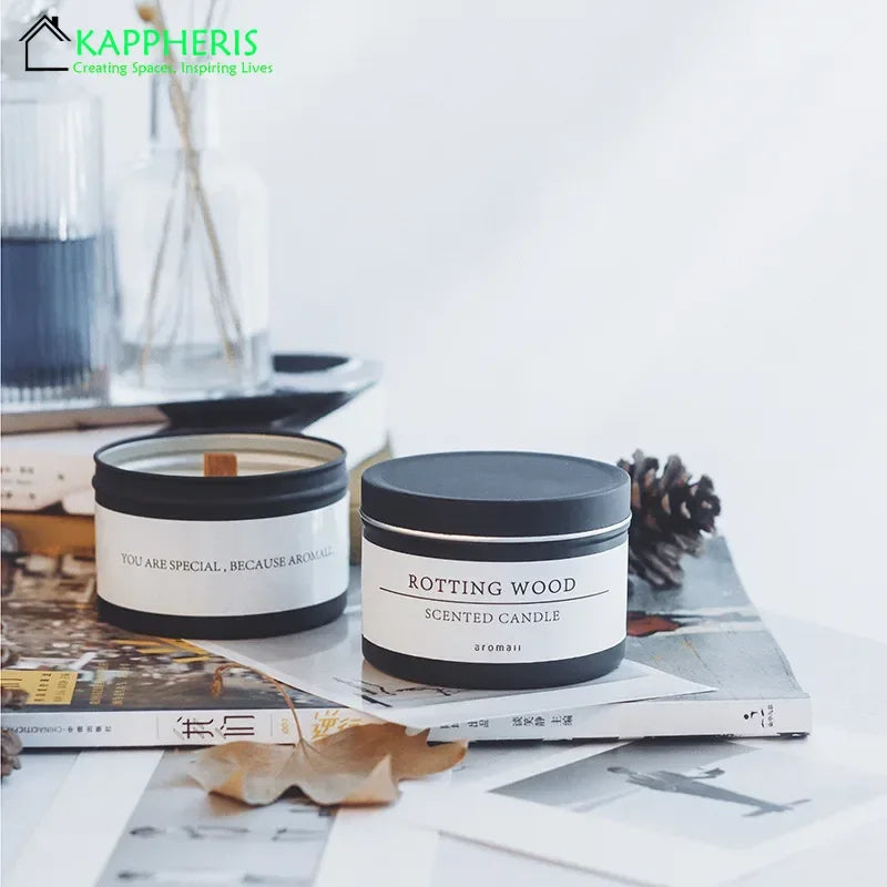 Classic Home Decorative Candles Black Tin Can With Lid Scented Aromatic Candles With Wooden Wick An 4