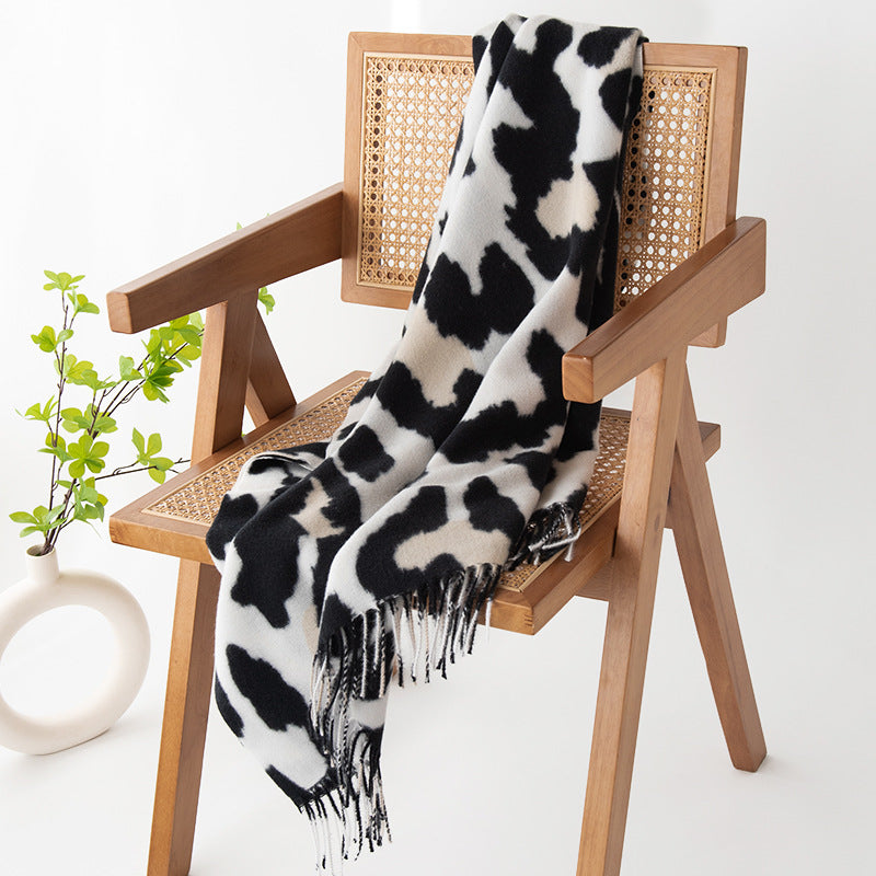 New Personalised Imitation Cashmere Scarf, Soft Warm Shawl, Black Cow Pattern Fashion Scarf for Students and Couples