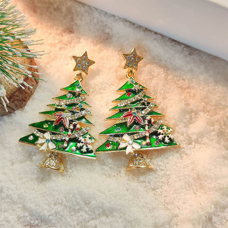 Crystal Star Earrings, Green Christmas Tree Stud, Women Dangle Jewelry, Party Gift