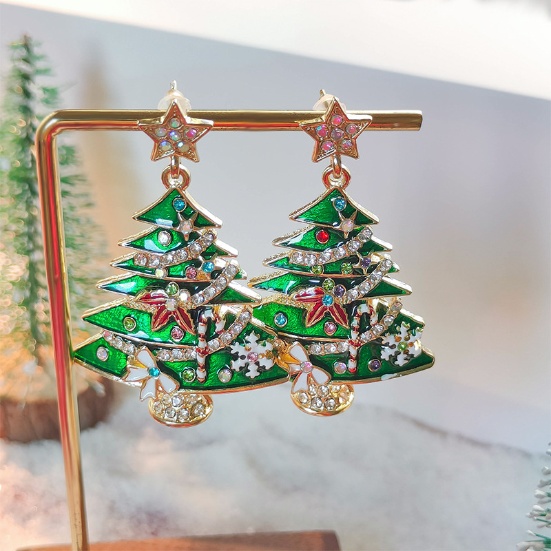 Crystal Star Earrings, Green Christmas Tree Stud, Women Dangle Jewelry, Party Gift