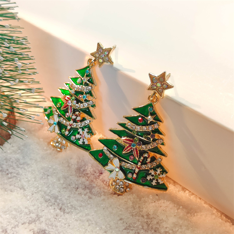 Crystal Star Earrings, Green Christmas Tree Stud, Women Dangle Jewelry, Party Gift