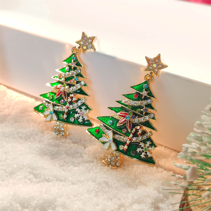 Crystal Star Earrings, Green Christmas Tree Stud, Women Dangle Jewelry, Party Gift