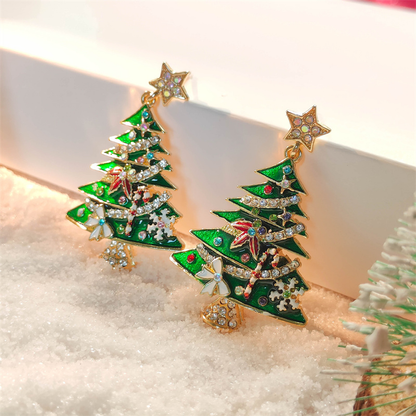 Crystal Star Earrings, Green Christmas Tree Stud, Women Dangle Jewelry, Party Gift