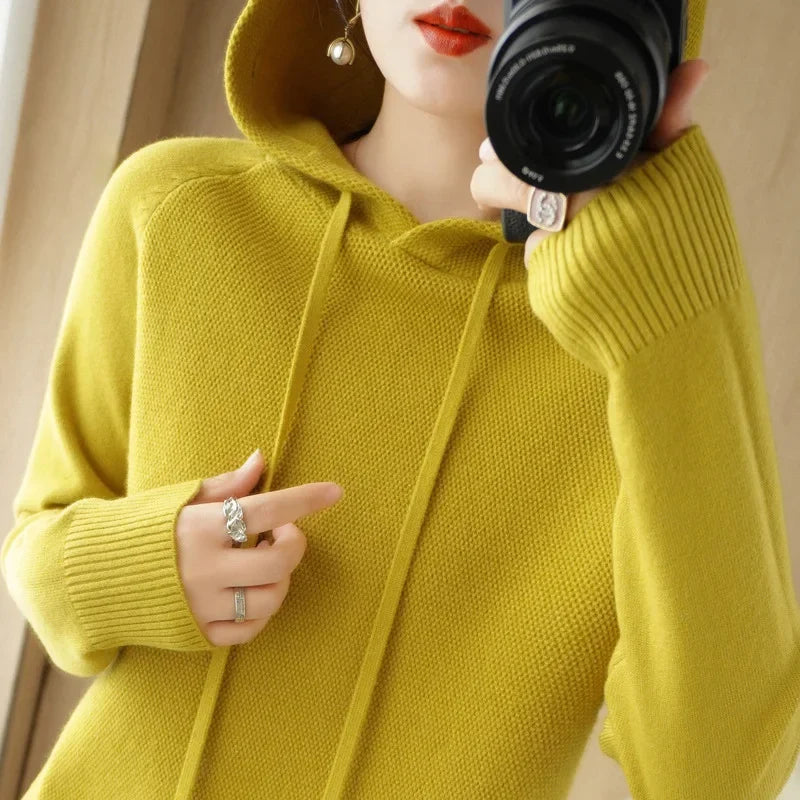 Hooded Sweater Woman, Autumn Winter Warm Knit Tops, Long Sleeve Pullover, Fashion Jumper, Solid Casual Bottoming
