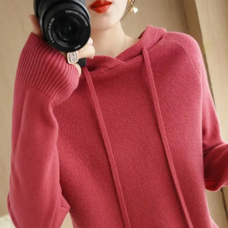 Hooded Sweater Woman, Autumn Winter Warm Knit Tops, Long Sleeve Pullover, Fashion Jumper, Solid Casual Bottoming