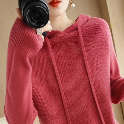 Hooded Sweater Woman, Autumn Winter Warm Knit Tops, Long Sleeve Pullover, Fashion Jumper, Solid Casual Bottoming