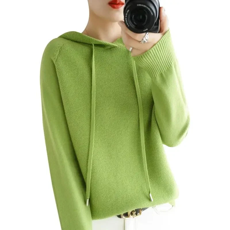 Hooded Sweater Woman, Autumn Winter Warm Knit Tops, Long Sleeve Pullover, Fashion Jumper, Solid Casual Bottoming