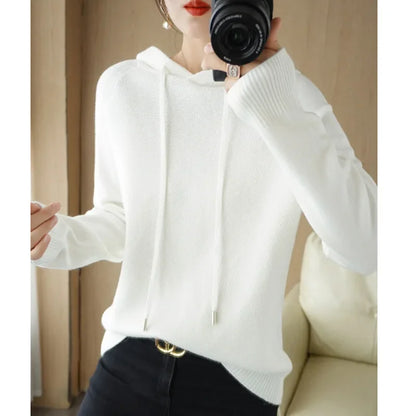 Hooded Sweater Woman, Autumn Winter Warm Knit Tops, Long Sleeve Pullover, Fashion Jumper, Solid Casual Bottoming