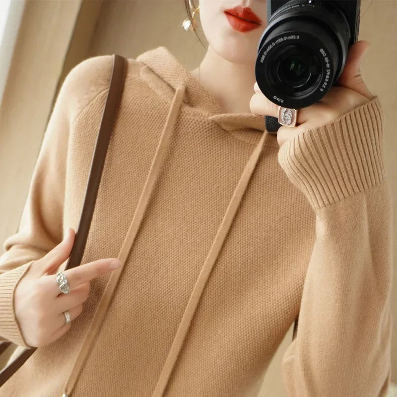 Hooded Sweater Woman, Autumn Winter Warm Knit Tops, Long Sleeve Pullover, Fashion Jumper, Solid Casual Bottoming