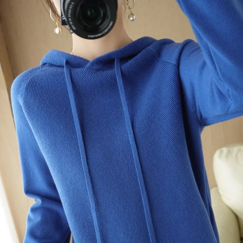 Hooded Sweater Woman, Autumn Winter Warm Knit Tops, Long Sleeve Pullover, Fashion Jumper, Solid Casual Bottoming