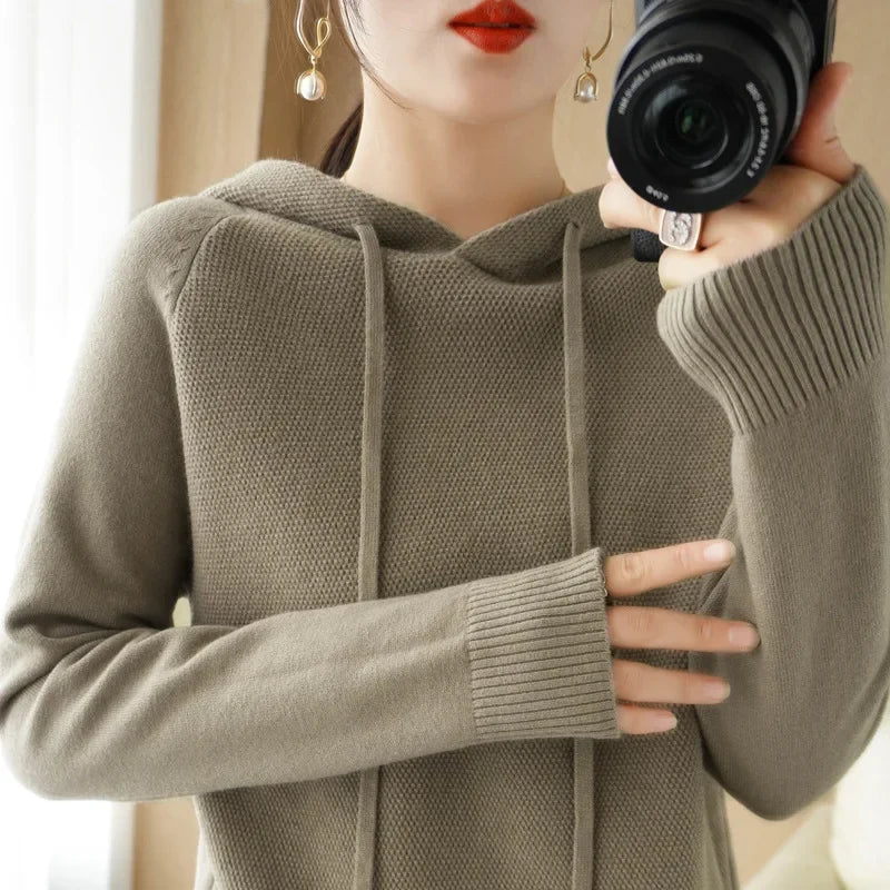 Hooded Sweater Woman, Autumn Winter Warm Knit Tops, Long Sleeve Pullover, Fashion Jumper, Solid Casual Bottoming