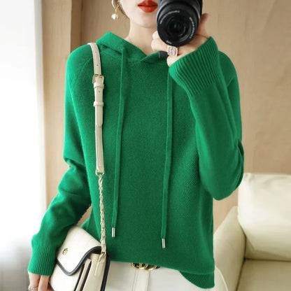 Hooded Sweater Woman, Autumn Winter Warm Knit Tops, Long Sleeve Pullover, Fashion Jumper, Solid Casual Bottoming