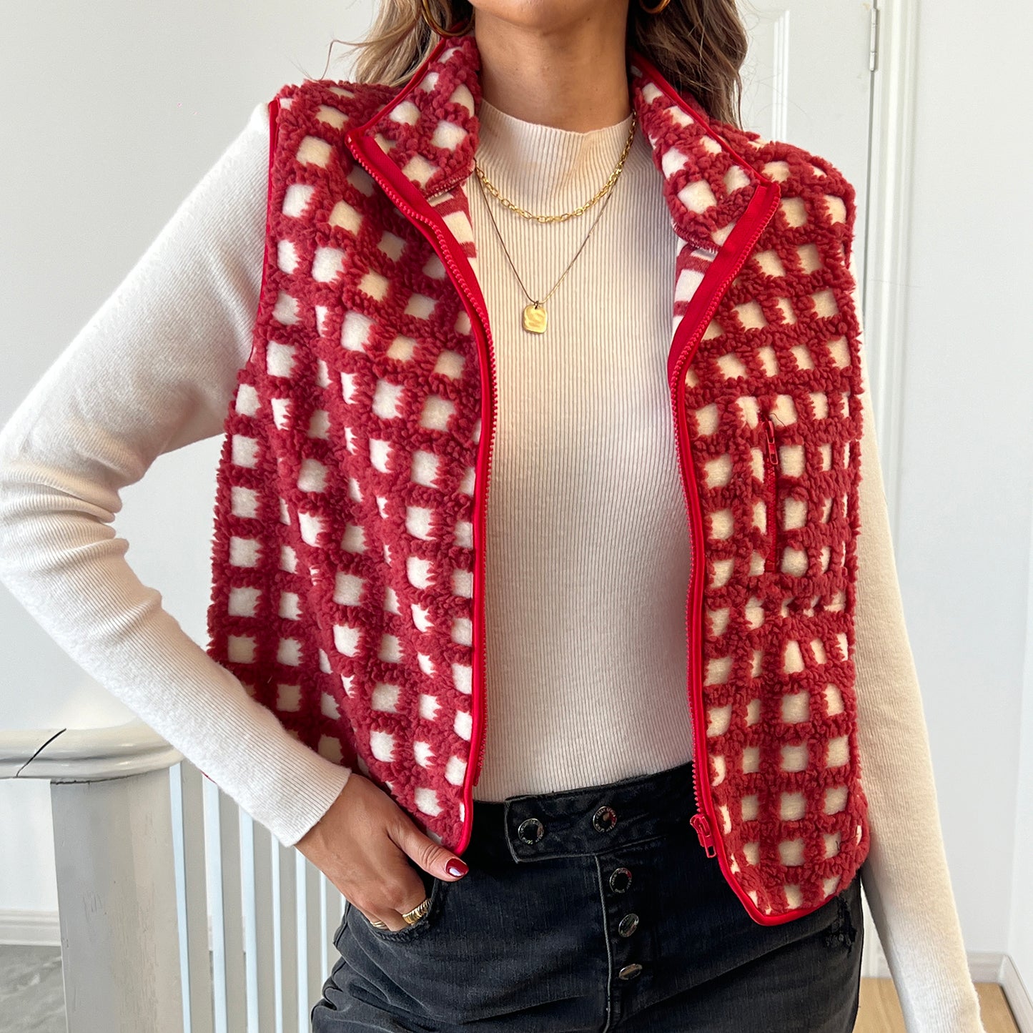 Womens Fuzzy Checkered Vest, Stand Collar Zip Up Jacket, Sleeveless Warm Outwear, Loose Fit Spring Fall Layer