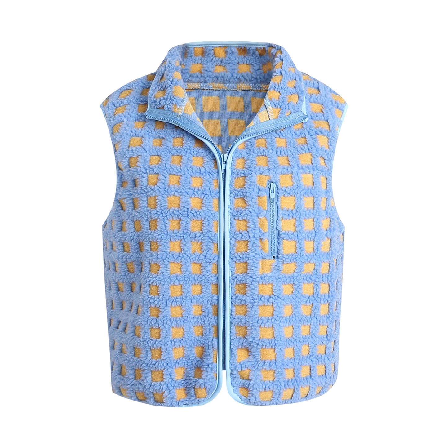 Womens Fuzzy Checkered Vest, Stand Collar Zip Up Jacket, Sleeveless Warm Outwear, Loose Fit Spring Fall Layer