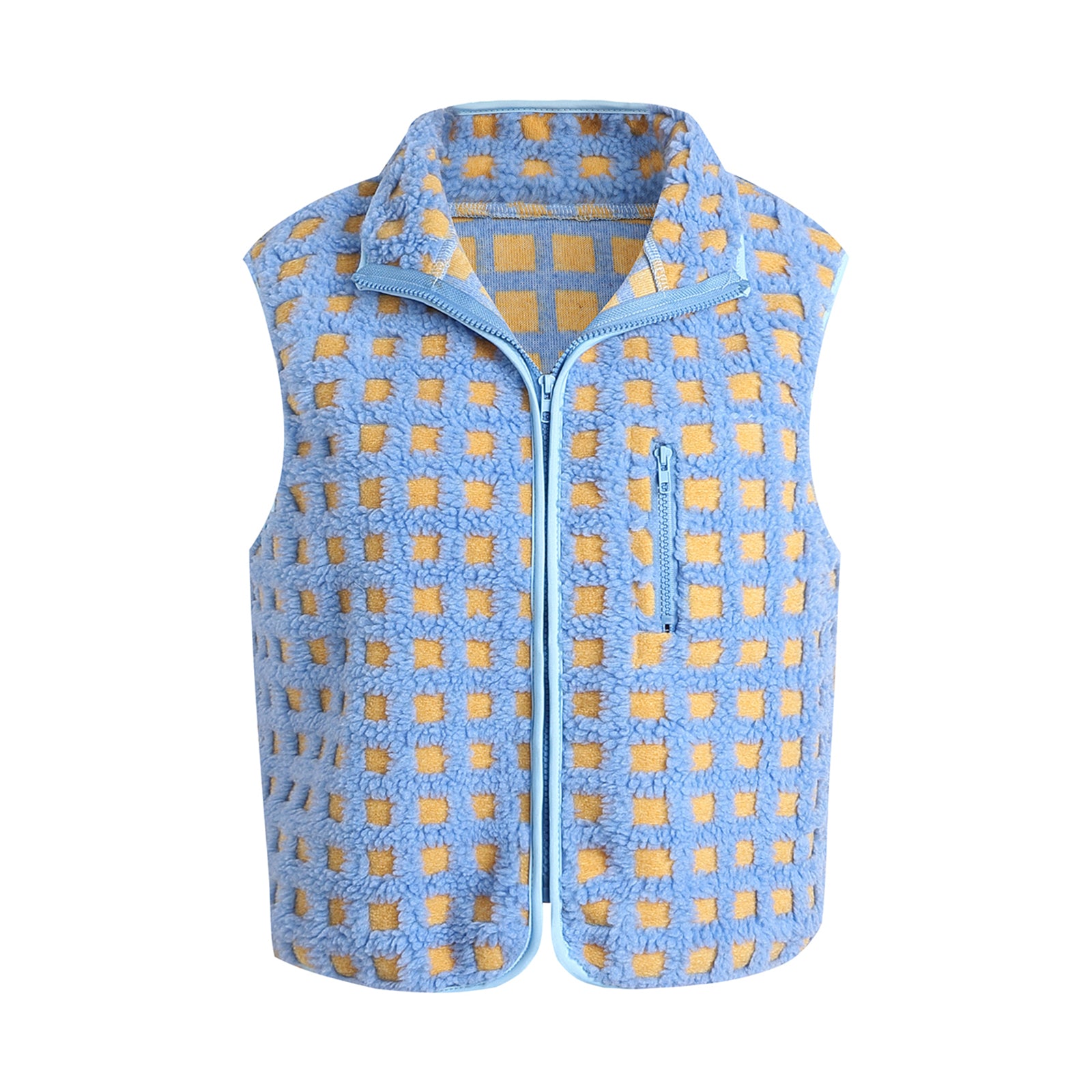 Womens Fuzzy Checkered Vest, Stand Collar Zip Up Jacket, Sleeveless Warm Outwear, Loose Fit Spring Fall Layer