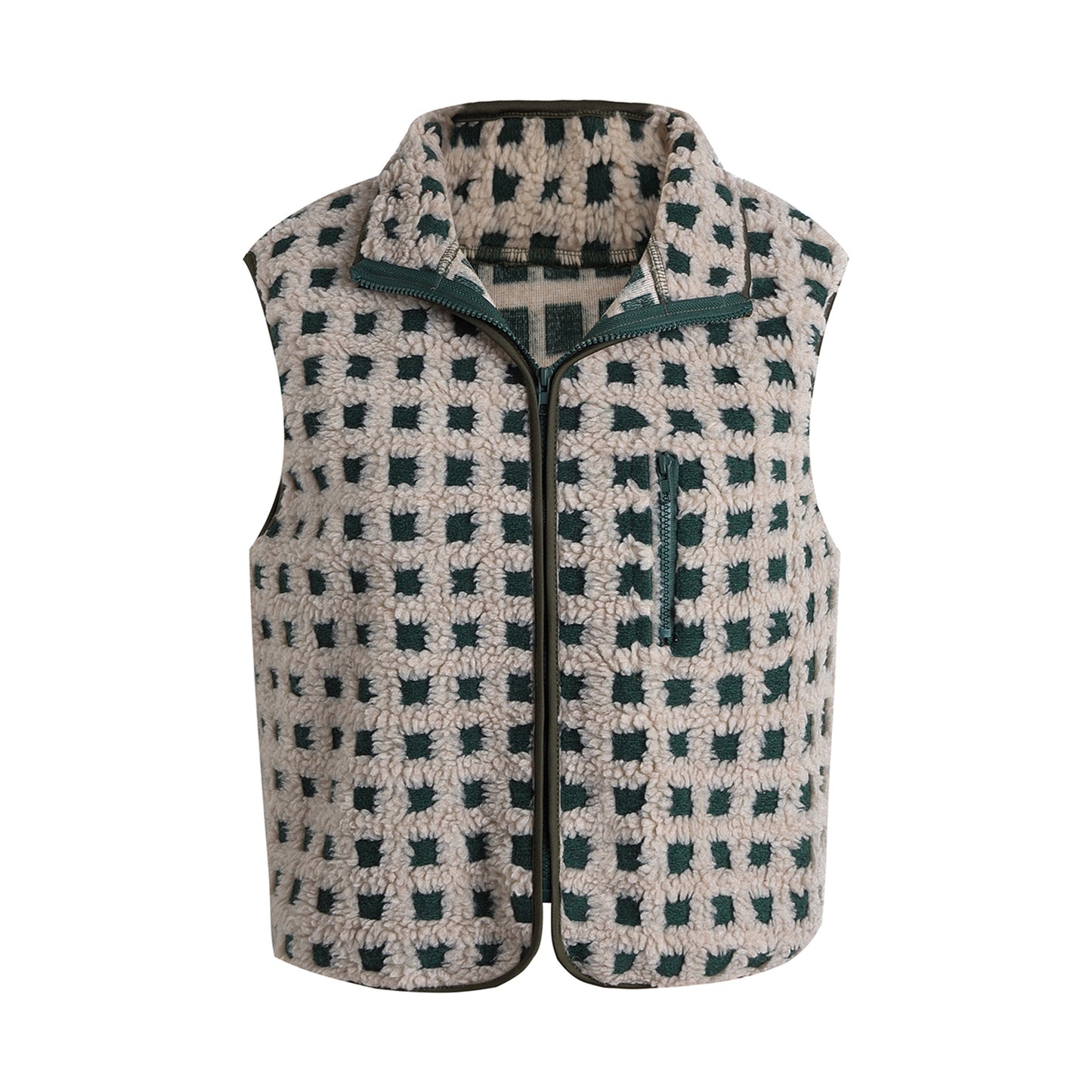 Womens Fuzzy Checkered Vest, Stand Collar Zip Up Jacket, Sleeveless Warm Outwear, Loose Fit Spring Fall Layer