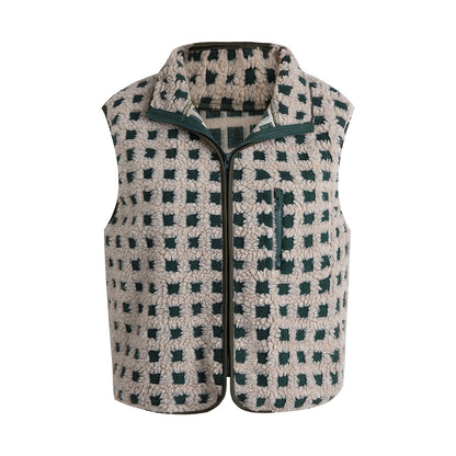 Womens Fuzzy Checkered Vest, Stand Collar Zip Up Jacket, Sleeveless Warm Outwear, Loose Fit Spring Fall Layer