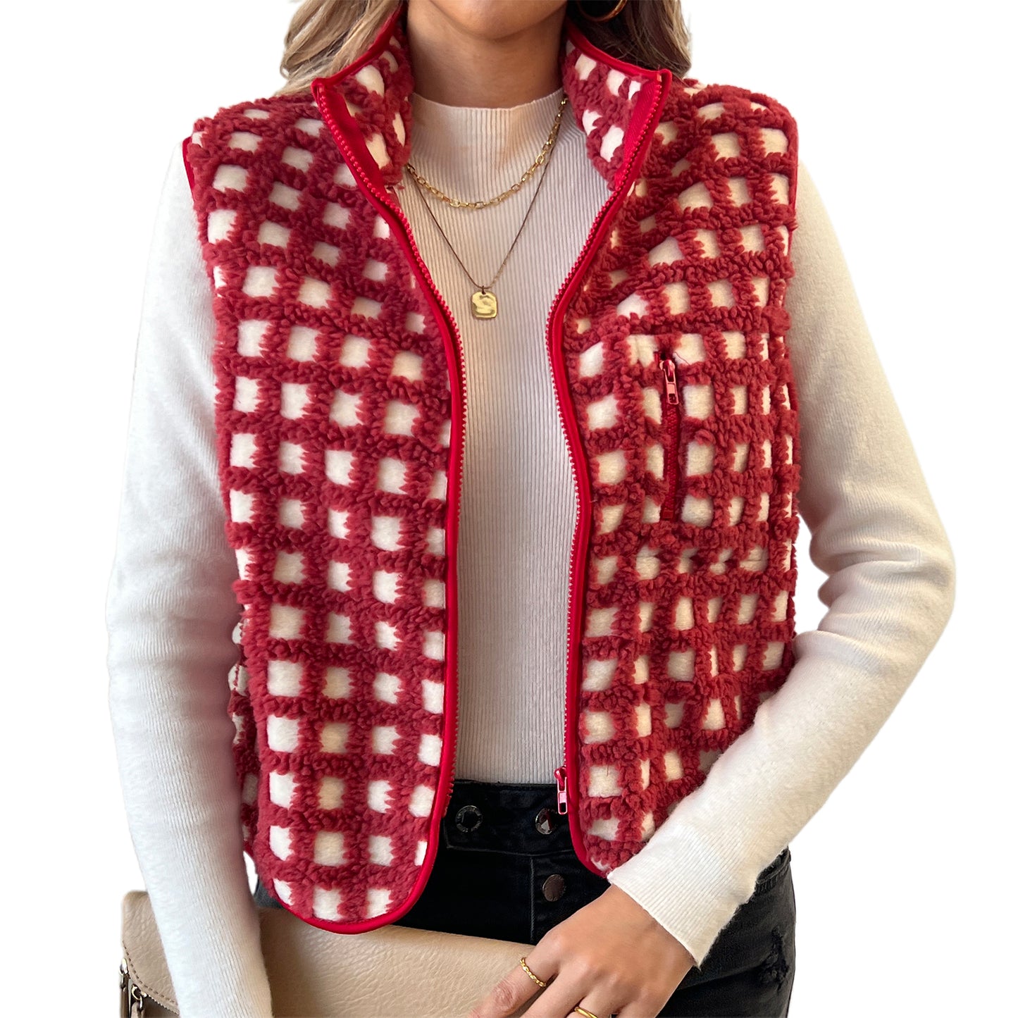 Womens Fuzzy Checkered Vest, Stand Collar Zip Up Jacket, Sleeveless Warm Outwear, Loose Fit Spring Fall Layer