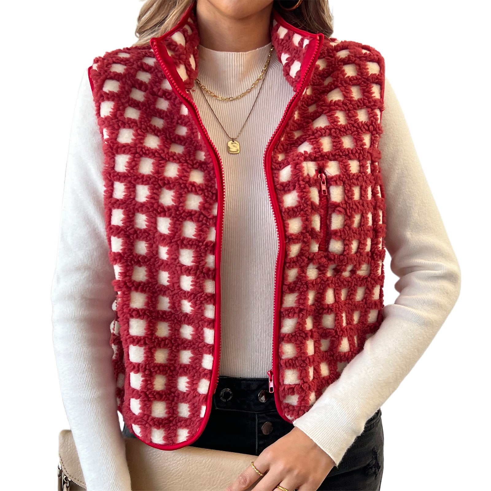 Womens Fuzzy Checkered Vest, Stand Collar Zip Up Jacket, Sleeveless Warm Outwear, Loose Fit Spring Fall Layer