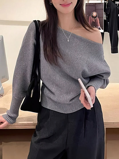 Long Sleeve Knitted Pullover, Thick Off Shoulder Sweater, Loose Casual Autumn Outwear for Women