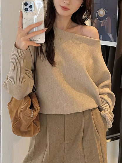 Long Sleeve Knitted Pullover, Thick Off Shoulder Sweater, Loose Casual Autumn Outwear for Women