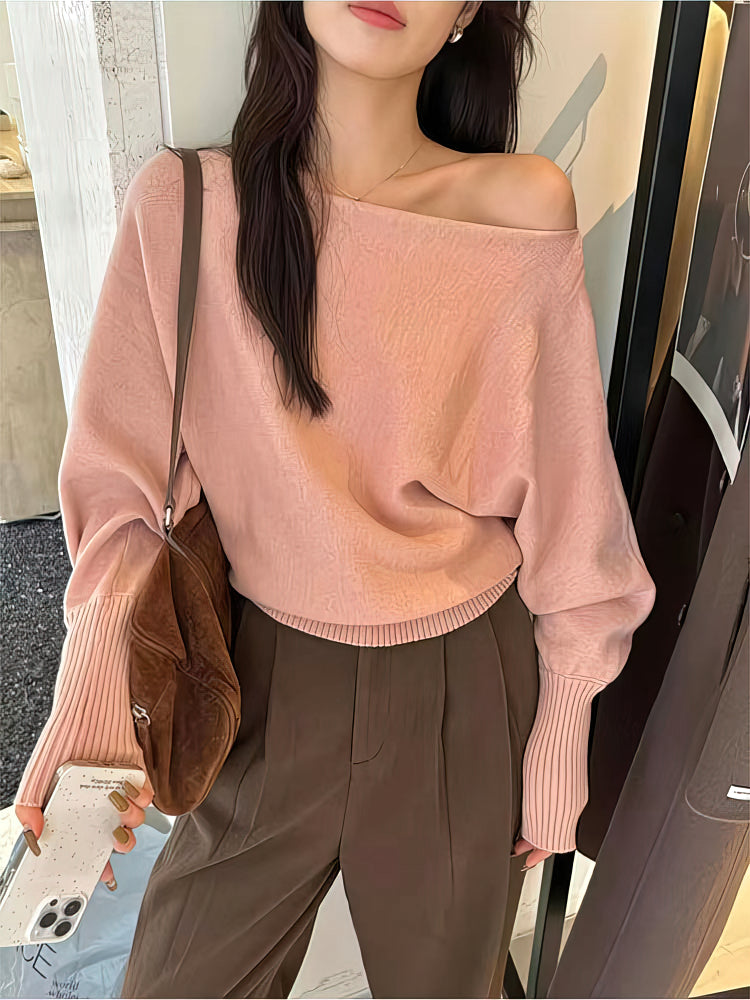 Long Sleeve Knitted Pullover, Thick Off Shoulder Sweater, Loose Casual Autumn Outwear for Women